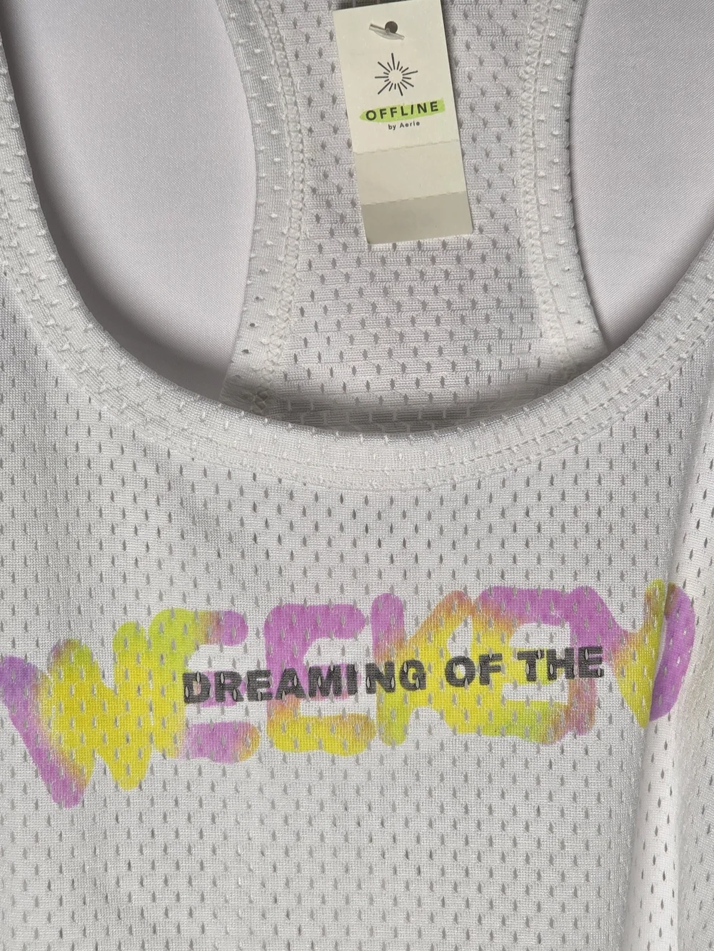 NWT OFFLINE White Mesh Racerback Crop Tank with Yellow & Pink Graphic Weekend, M - Picture 2 of 7